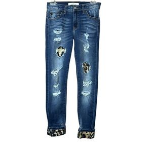 KanCan Mid Rise Distressed Leopard Cuff Patch Dark Wash Jeans Women Sz 26